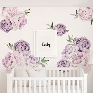 Peony Flowers Wall Sticker, Mixed Lavender Purple Watercolor Peony Wall Stickers Peel and Stick Removable Stickers LARGE SET image 1