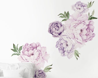 Peony Flowers Wall Sticker, Mixed Lavender Purple Watercolor Peony Wall Stickers - Peel and Stick Removable Stickers