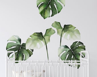 Watercolor Monstera Tropical Jungle Leaves, Jungle Green - Peel and Stick Removable Wall Stickers