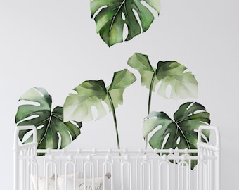 Feuilles de jungle tropicale aquarelle Monstera, vert jungle - Autocollants muraux amovibles à peler et coller