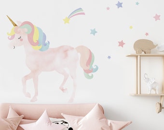 Watercolor Twinkling Unicorn with Stars Wall Sticker, Pink Coral - Peel and Stick