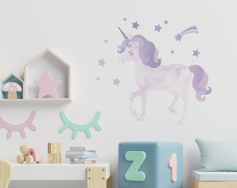 Aquarell glitzerndes Einhorn mit Sterne Wandsticker, lila, zum Abziehen und Aufkleben