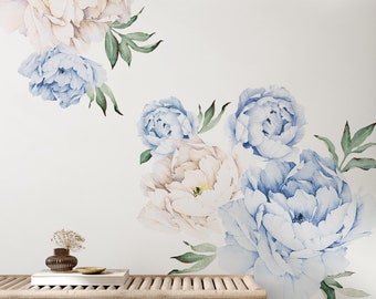 Peony Flowers Wall Sticker, Vintage Blue Watercolor Peony Wall Stickers - Peel and Stick Removable Stickers