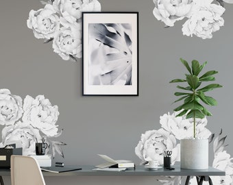 Peony Flowers Wall Sticker, Black & White Watercolor Peony Wall Stickers - Peel and Stick Removable Stickers - LARGE SET