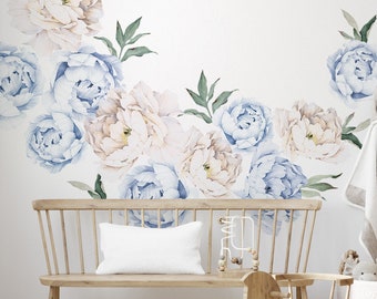 Vintage Blue Peony Flower Wall Stickers, Large Set