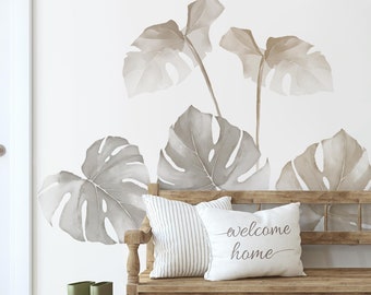 Watercolor Monstera Tropical Jungle Leaves, Misty Grey - Peel and Stick Removable Wall Stickers