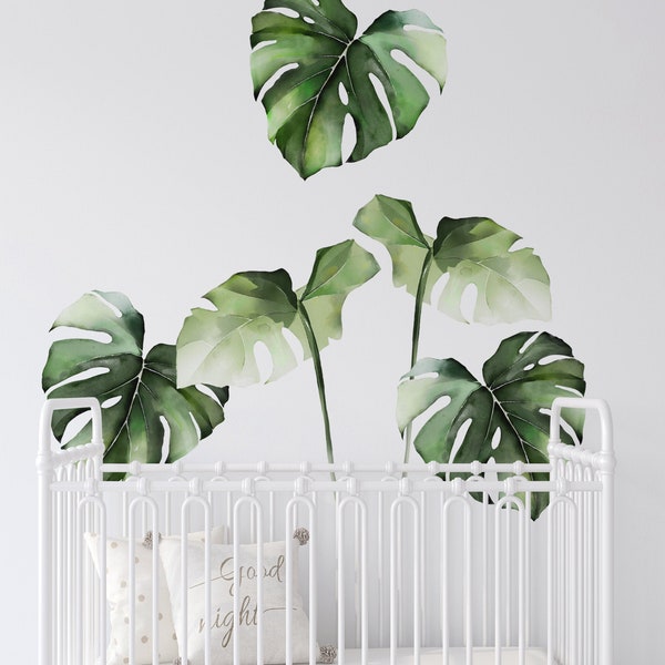 Watercolor Monstera Tropical Jungle Leaves, Jungle Green - Peel and Stick Removable Wall Stickers