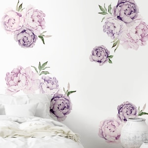 Peony Flowers Wall Sticker, Mixed Lavender Purple Watercolor Peony Wall Stickers Peel and Stick Removable Stickers LARGE SET image 2