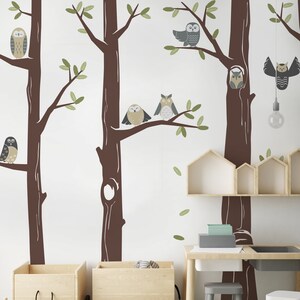 Friendly Forest Owls with Trees, Baby Nursery Wall Stickers, Nursery Wall Decals, Trees with Owls Stickers W1160