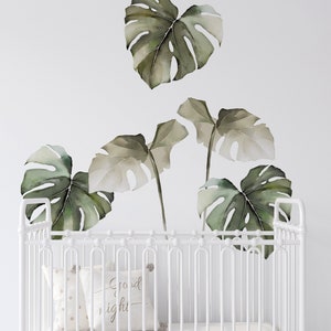 Watercolor Monstera Tropical Jungle Leaves, Safari Green Peel and Stick Removable Wall Stickers image 2