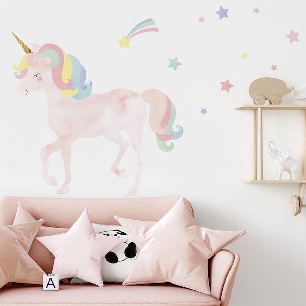 Watercolor Twinkling Unicorn with Stars Wall Sticker, Pink Coral - Peel and Stick