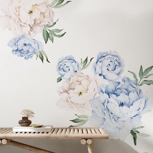 Peony Flowers Wall Sticker, Vintage Blue Watercolor Peony Wall Stickers - Peel and Stick Removable Stickers