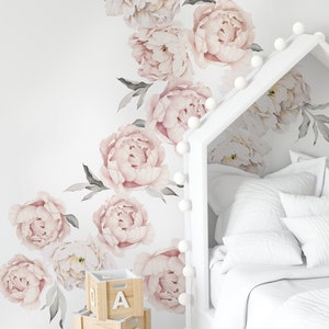 Peony Flowers Wall Sticker, Grey Washed Pink Watercolor Peony Wall Stickers - Peel and Stick Removable Stickers - LARGE SET