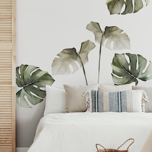 Watercolor Monstera Tropical Jungle Leaves, Safari Green Peel and Stick Removable Wall Stickers zdjęcie 1