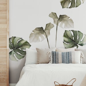 Watercolor Monstera Tropical Jungle Leaves, Safari Green - Peel and Stick Removable Wall Stickers