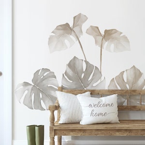 Watercolor Monstera Tropical Jungle Leaves, Misty Grey - Peel and Stick Removable Wall Stickers