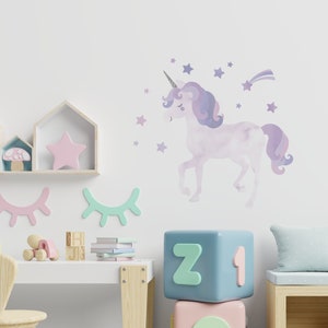 Watercolor Twinkling Unicorn with Stars Wall Sticker, Purple - Peel and Stick