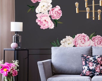 Peony Flowers Wall Sticker, Vivid Pink Watercolor Peony Wall Stickers - Peel and Stick Removable Stickers - LARGE SET