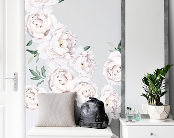 Pegatinas de pared con flores de peonía en acuarela: juego de calcomanías florales blancas grandes
