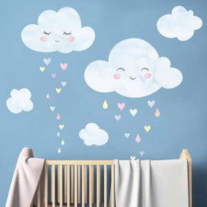 Watercolor Clouds with Heart Rain - Peel and Stick - Wall Stickers