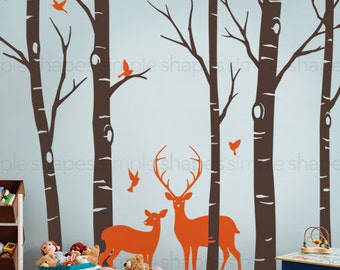 Birch Tree Wall decal with Deer and Bird Wall Decals Sticker Set W1116