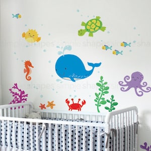 Under the Sea Decal, Under the Sea Nursery, Ocean Friends Nursery Wall Decal for a Nautical Nursery, Kids Wall Decal W1120 Blue Whale Set