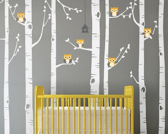 Birch Tree with Owls Wall Decal, Wall Mural, Baby Nursery Decor, Nature Wall Decals, Wall Decor - W1112