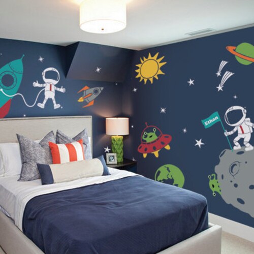Outer Space Wall Decals Aliens Wall Decal Rocket Ship Wall Etsy