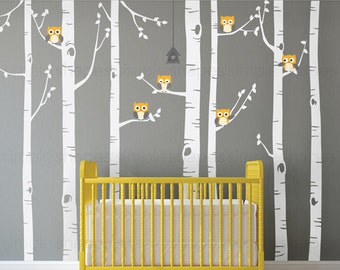 Birch Tree Wall Decal, Birch Tree With Owls Wall Sticker Set, Birch Tree Decal, Baby Nursery Wall Stickers W1112