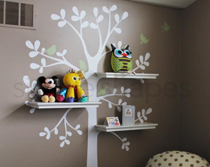 Wall Decals Baby Nursery Decor Shelving Tree Decal With Birds Etsy