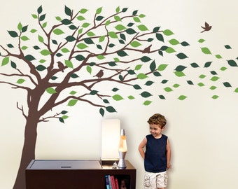 Décalcomanies murales Décalcomanies murales d’arbre: Élégant Style Soufflage Feuilles Décalcomanie d’arbre pour bébé ou maison