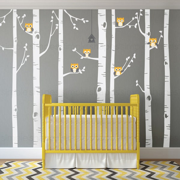 Birch Tree Wall Decal, Birch Tree With Owls Wall Sticker Set, Birch Tree Decal, Baby Nursery Wall Stickers W1112