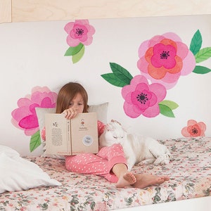 Kids Watercolor Flower Wall Sticker, Orange Pink Blooms Wall Stickers - Peel and Stick Wall Stickers Kids Room Decor