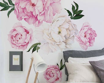 Muursticker aquarel pioenroos: roze bloemen peel and stick