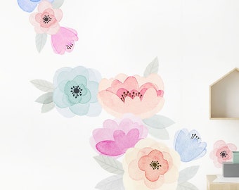 Kids Watercolor Flower Wall Sticker, Pastel Blooms Wall Stickers - Peel and Stick Wall Stickers Kids Room Decor