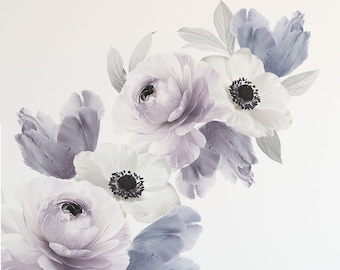 Purple Floral Wall Decals, Peel and Stick Flowers, Removable Stickers