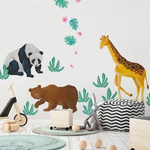 Wild Animals, Tropical Leaves Wall Decals, Kids Room Decor, Baby Nursery, Peel and Stick Stickers