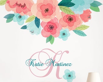 Watercolor Flower Wall Stickers: Coral Mint Blooms, Kids Room Decor