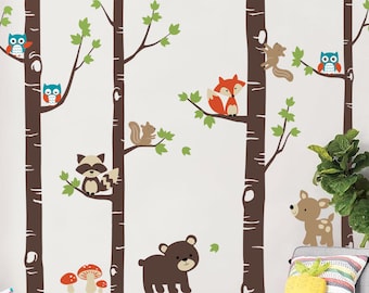 Birch Trees with Cute Forest Animals, Woodland Nursery Wall Decal, Birch Tree Wall Decal, Nursery Decor,  Forest Friends Decal Set