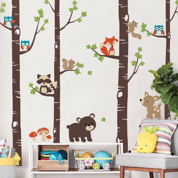 Birch Trees with Cute Forest Animals, Woodland Nursery Wall Decal, Birch Tree Wall Decal, Nursery Decor,  Forest Friends Decal Set