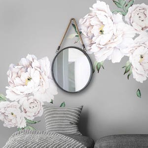 Peony Flowers Wall Sticker, White Watercolor Peony Wall Stickers Peel and Stick Removable Stickers image 1