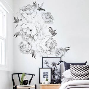 Peony Flowers Wall Sticker, Black & White Watercolor Peony Wall Stickers - Peel and Stick Removable Stickers