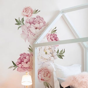 Peony Flowers Wall Sticker, Mixed Pink Watercolor Peony Wall Stickers Peel and Stick Removable Stickers image 1