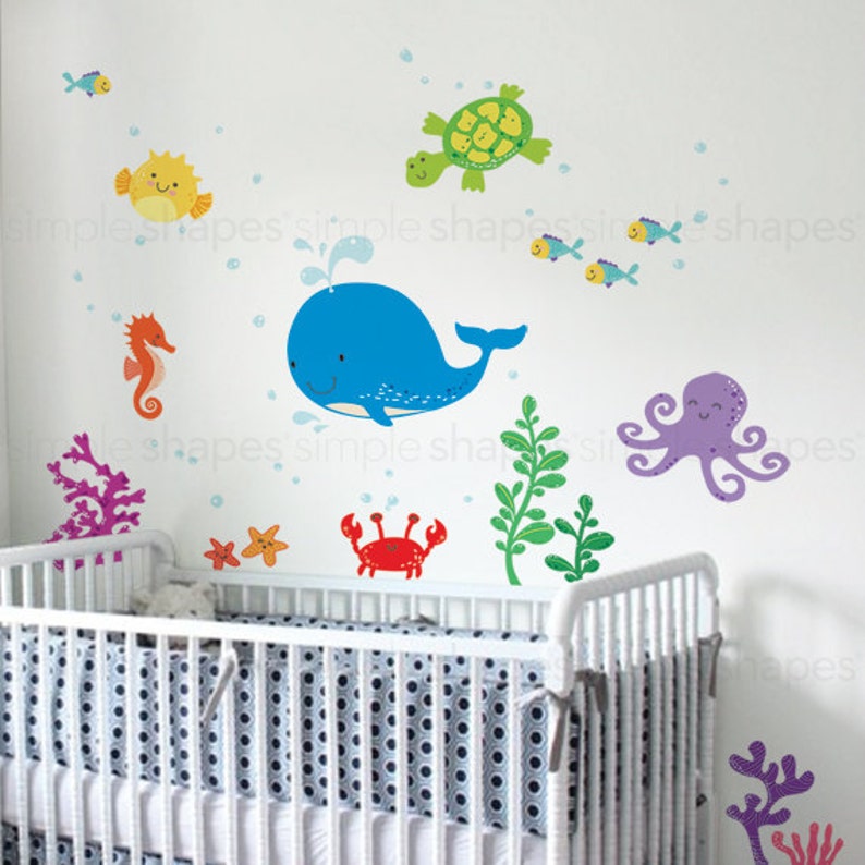 Ocean Friends, Under the Sea Wall Decal for Nautical Theme Nursery, Kids or Childrens Room Peel and Stick Wall Sticker Blue Whale Set