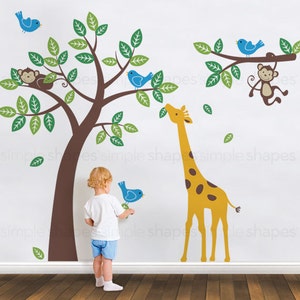 Tree with Monkeys Giraffe and Birds Wall Decals - Baby Nursery Wall Decals