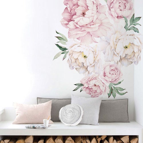 Sticker mural fleurs pivoines, formes simples, autocollants amovibles W5028