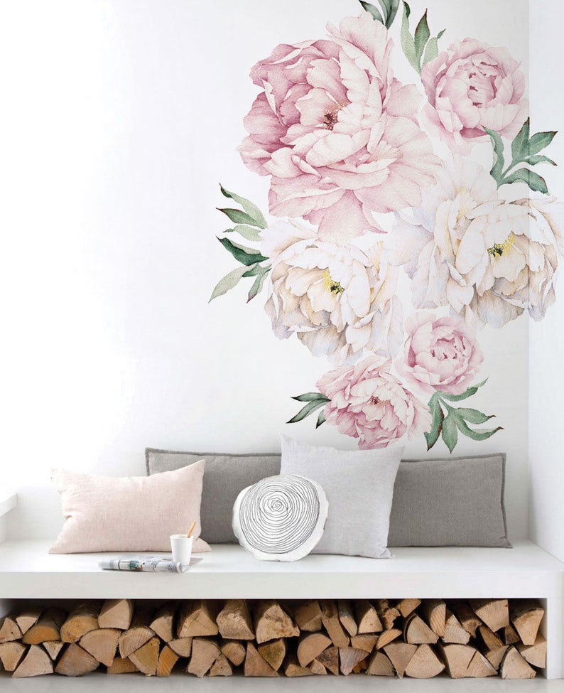 Peony Flowers Wall Sticker, Vintage Watercolor Peony Wall Stickers Peel and Stick Removable Stickers image 1