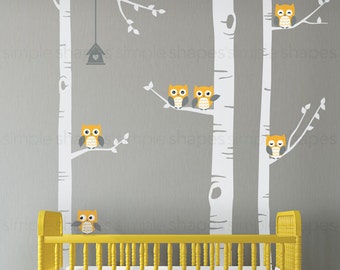 Birch Tree Wall Decal, Birch Tree With Owls Wall Sticker Set, Birch Tree Decal, Baby Nursery Wall Stickers W1118