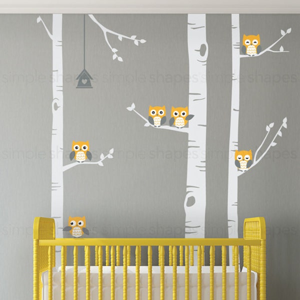 Birch Tree Wall Decal, Birch Tree With Owls Wall Sticker Set, Birch Tree Decal, Baby Nursery Wall Stickers W1118