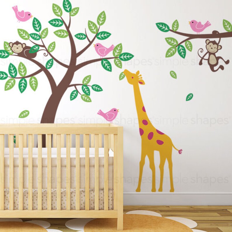 Tree With Monkeys Giraffe and Birds Wall Decals Baby Nursery Etsy